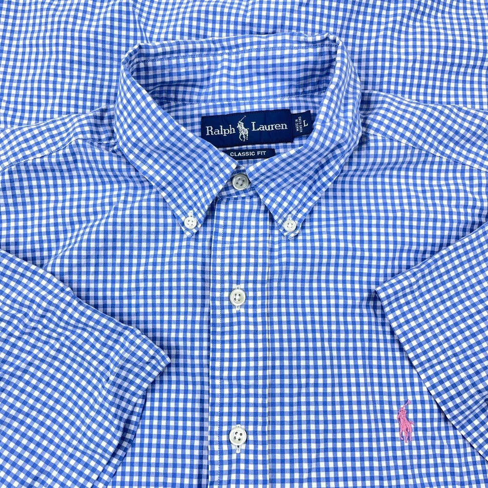 Ralph Lauren Shirt Men Large Blue Pink Pony Button Up Poplin Camp Gingham STAINS